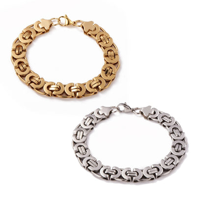 Braided Stainless Steel Bracelet - close-up detail of woven metal texture
Gold and silver chain bracelets on a white background