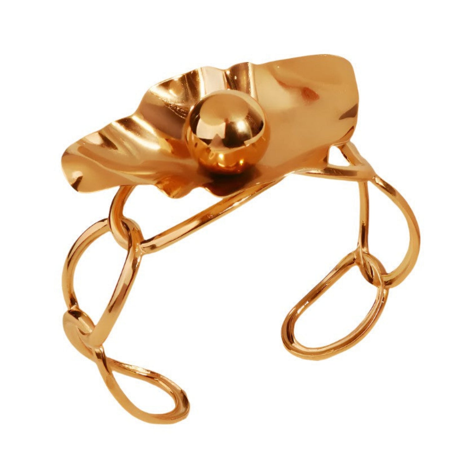 Gold bracelet with a unique design on a white background
Reflection Bracelet - Close-up detail of smooth bangle design and finish
