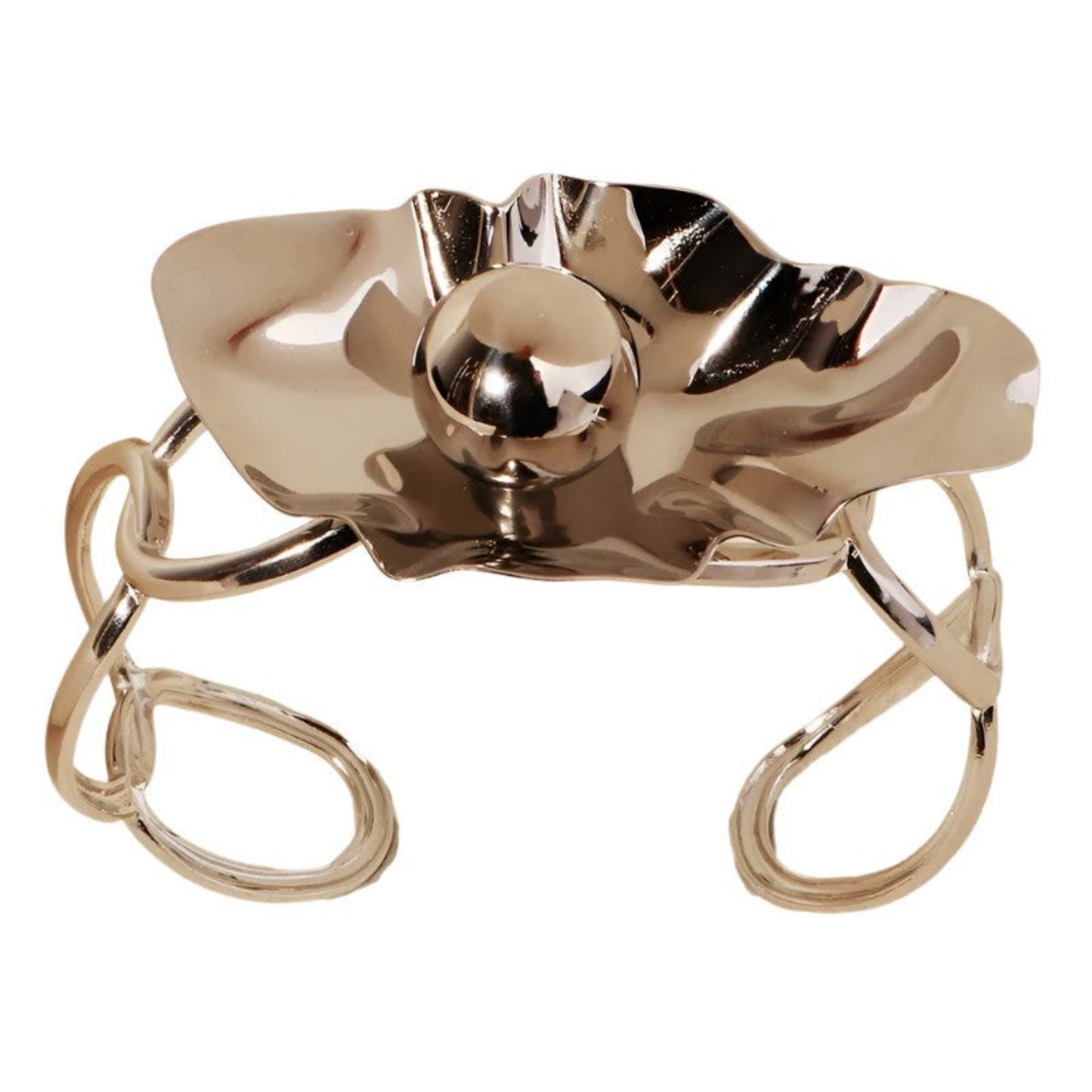 Gold-colored bracelet with a unique design on a white background.
Reflection Bracelet worn - Model wearing sleek bangle bracelet on wrist
