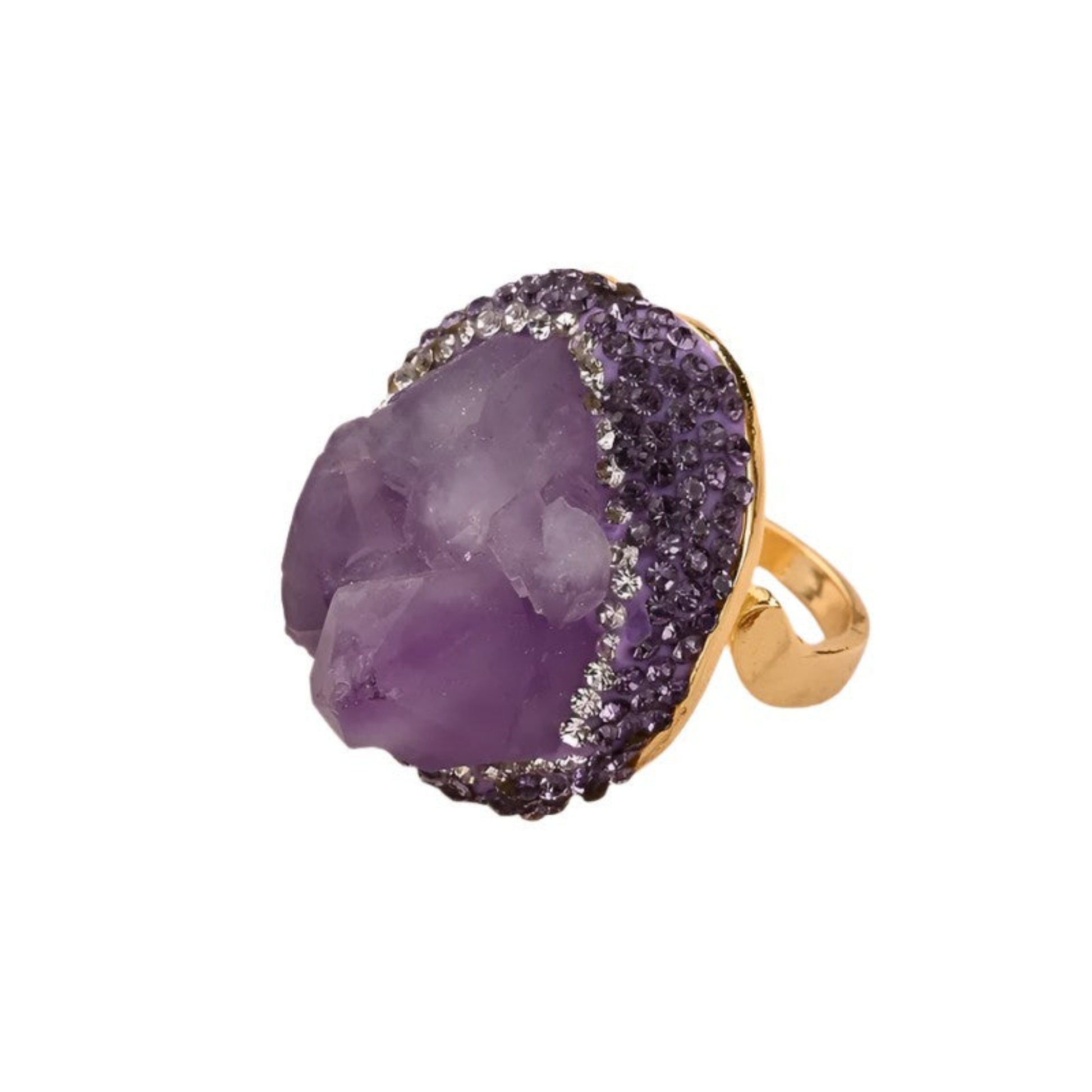 Dream Open Ring with natural amethyst stone in 18K gold plated copper - Front view on white background