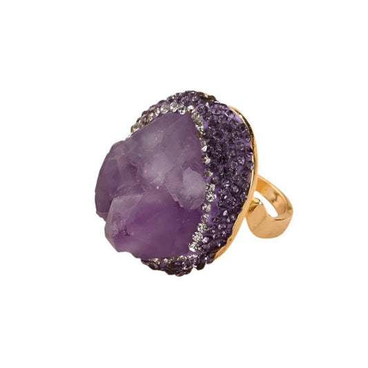 Dream Open Ring with natural amethyst stone in 18K gold plated copper - Front view on white background