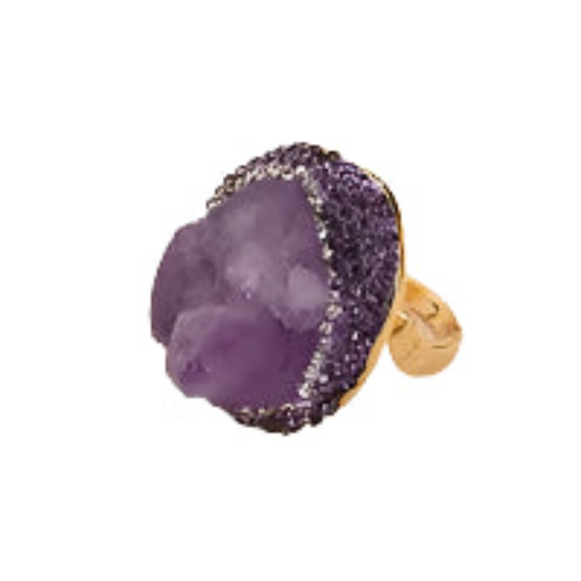 Purple stone ring with gold band on a white background