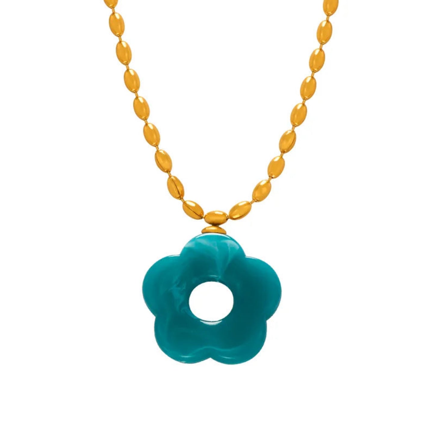Elegant Resin Necklace with blue flower pendant and yellow beaded chain - Front view on white background
