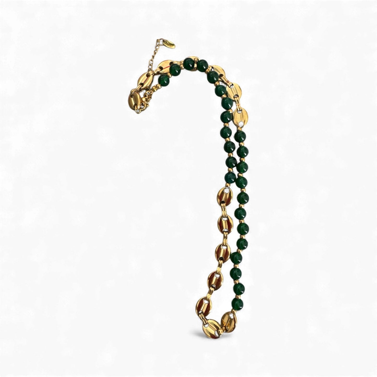 Golden Elegance necklace with green beads and gold accents, product shot