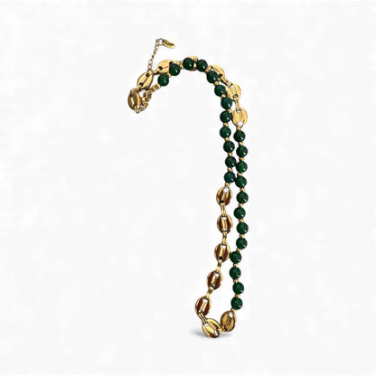 Golden Elegance necklace with green beads and gold accents, product shot