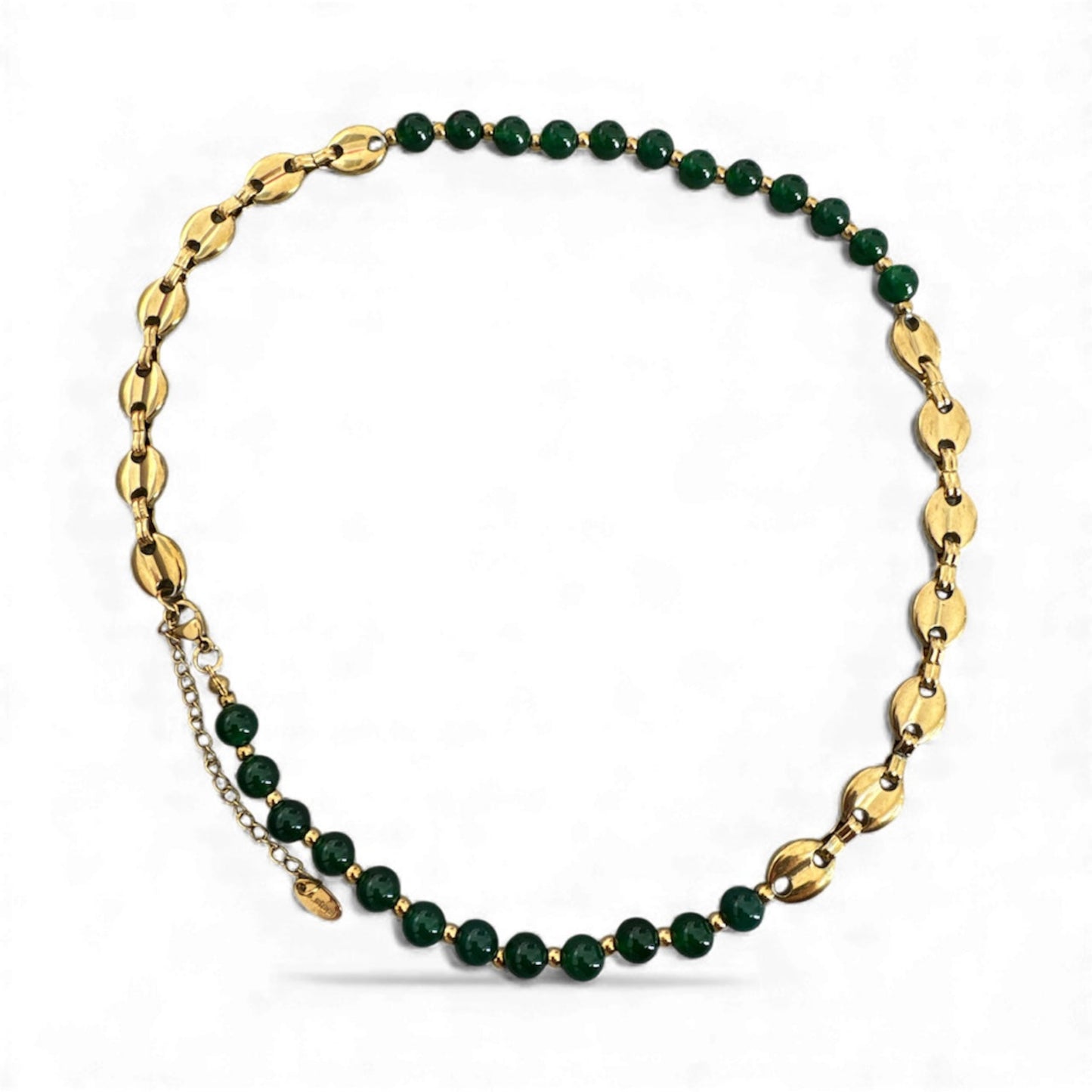 Golden Elegance necklace with green beads and gold chain, white background