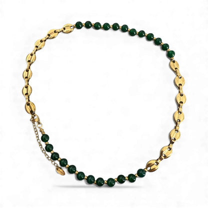 Golden Elegance necklace with green beads and gold chain, white background