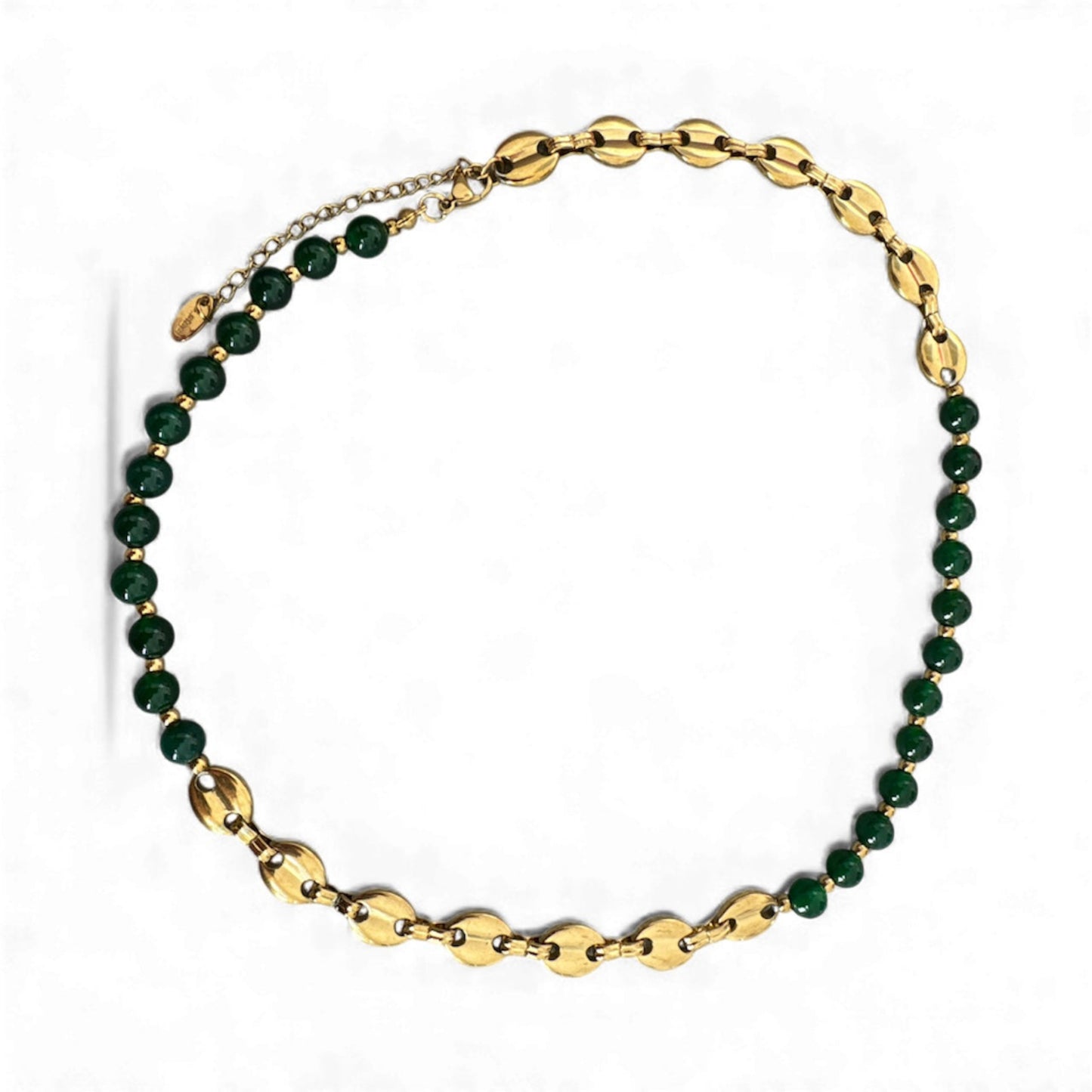 Golden Elegance necklace detail, green beads and gold chain close