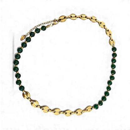 Golden Elegance necklace detail, green beads and gold chain close