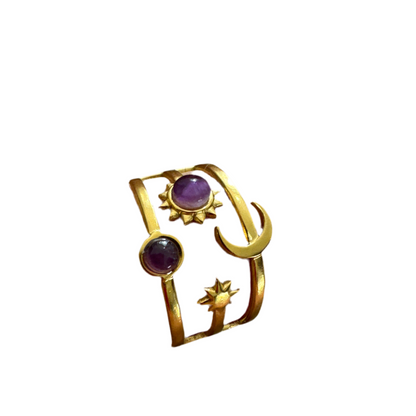 "Close-up detail of Solar Star ring showing star design and crystal center"
"Detailed view of gold Solar Star ring, celestial star shape with sparkling stone"
"Solar Star ring detail, gold plated star design with center crystal accent"
"Gold star ring Solar Star close-up showing elegant celestial craftsmanship"