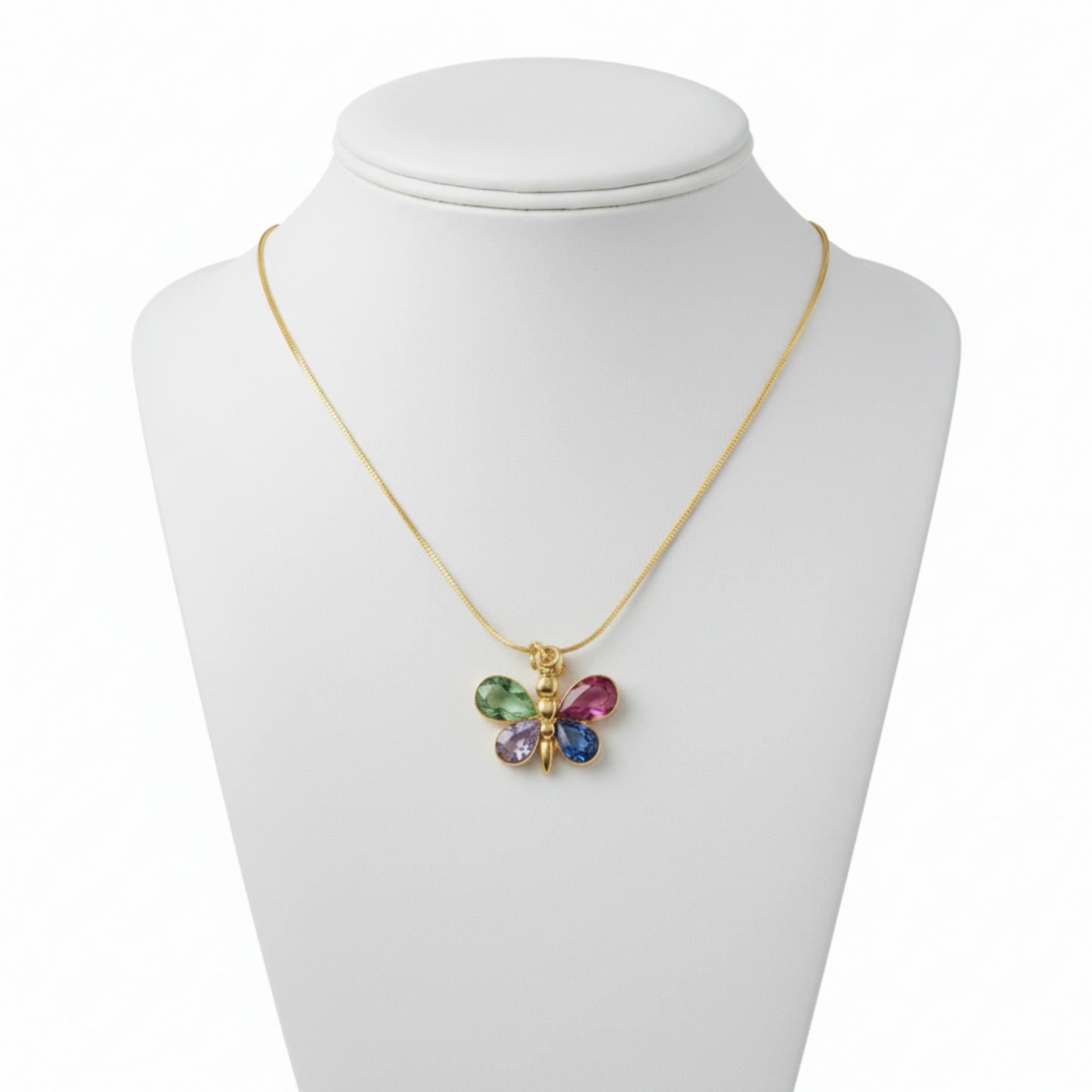 "Spring Light necklace with colorful butterfly pendant on white background"
"Multicolor butterfly pendant necklace Spring Light, vibrant elegant design"
"Spring Light gold necklace featuring colorful butterfly charm with crystals"
"Elegant Spring Light necklace with rainbow butterfly pendant, gold plated"