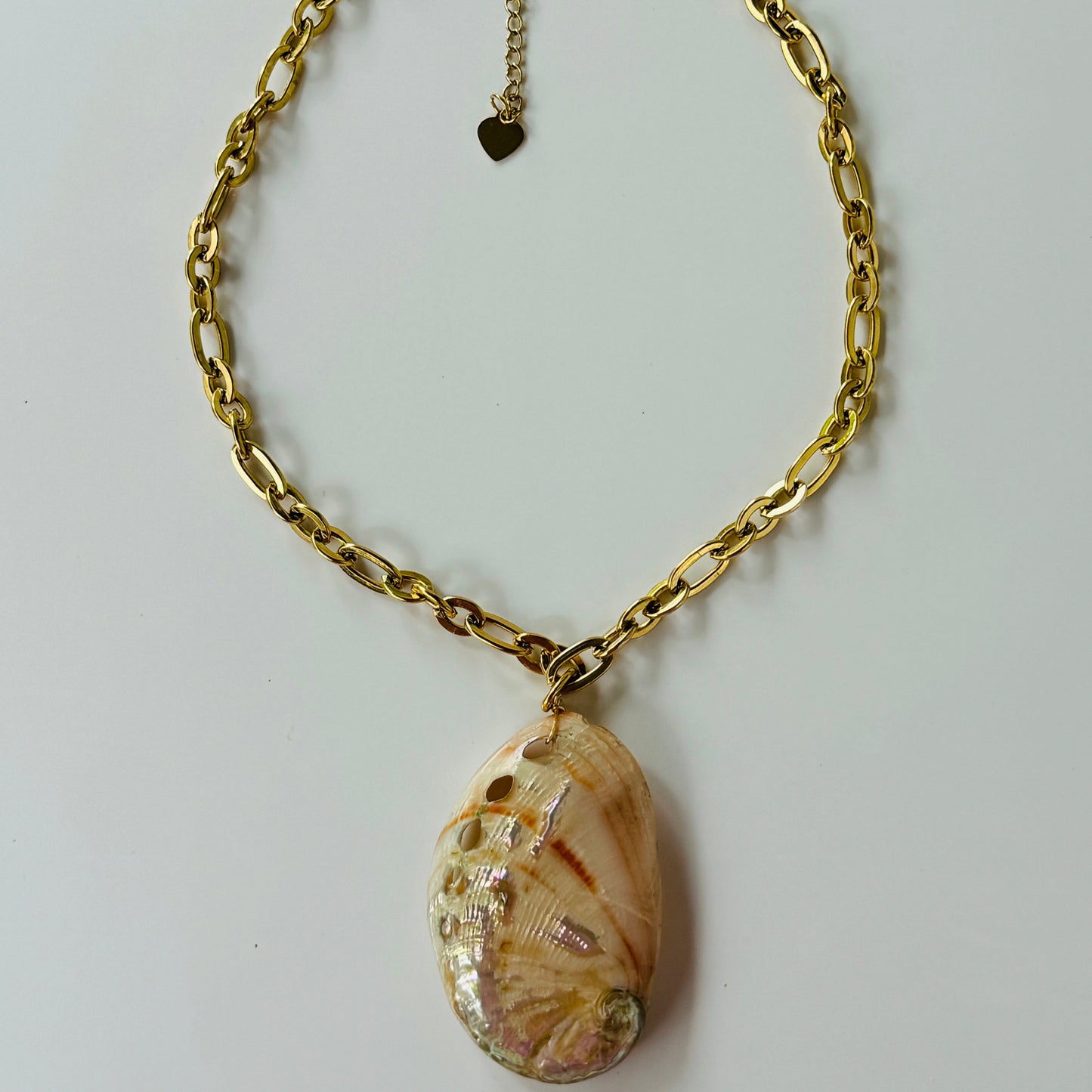Carol Shell Necklace in beige worn - Model wearing the titanium steel necklace
