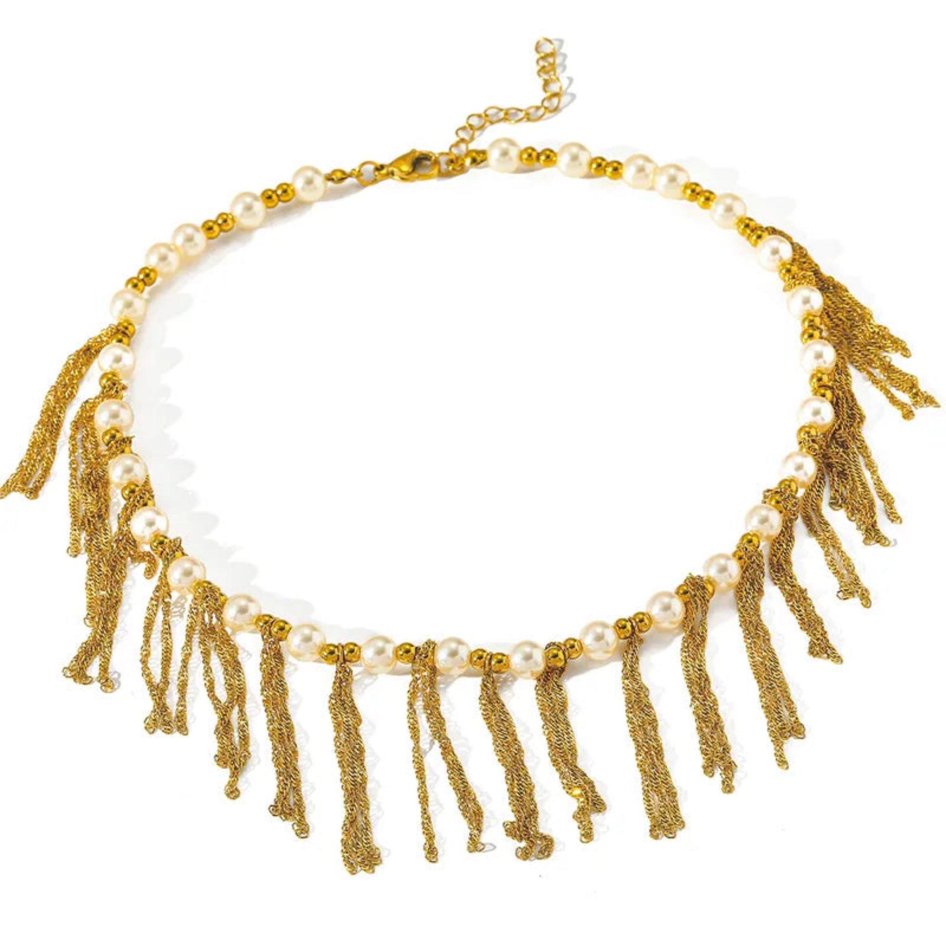 Elegant 18K gold plated stainless steel necklace with shell pearls and golden tassels