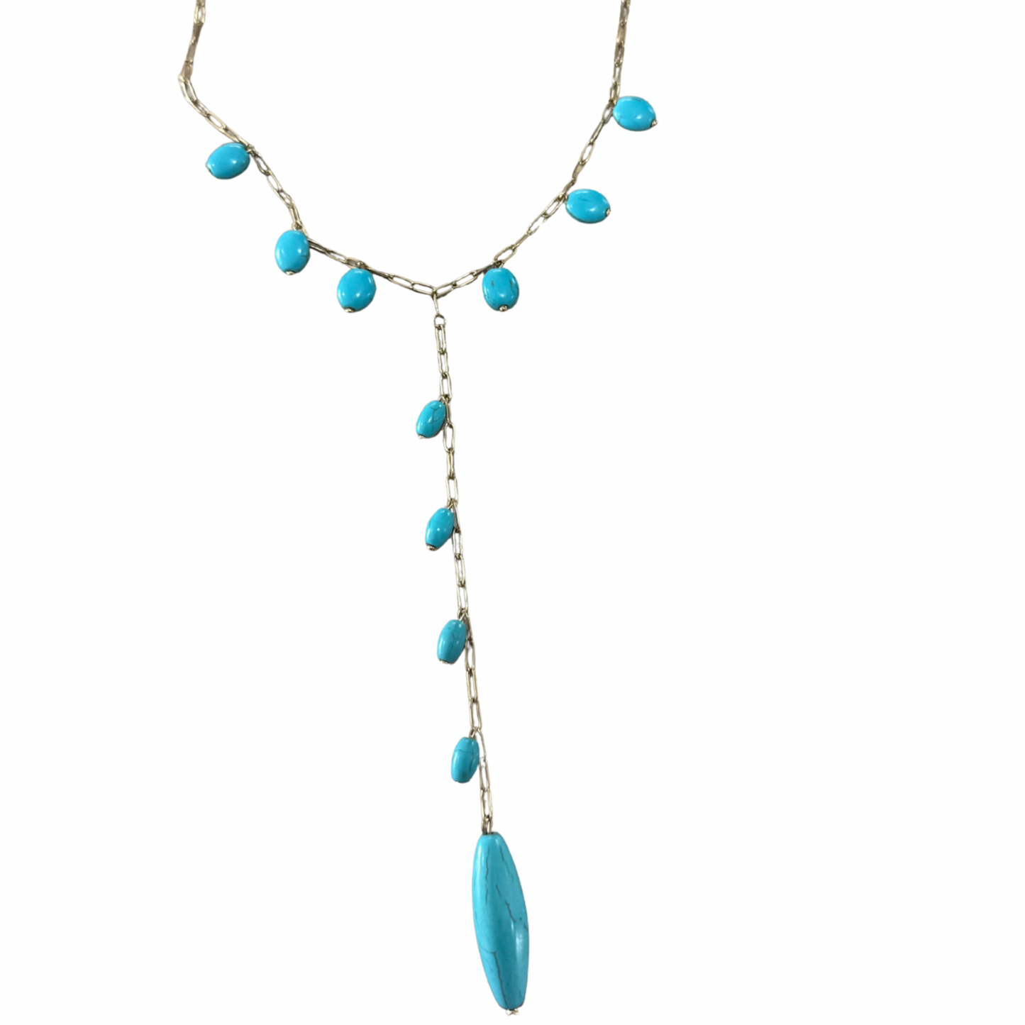 Necklace with blue beads on a white background
Nine Blue Necklace - Close-up detail of blue stone pendants and gold plating finish
