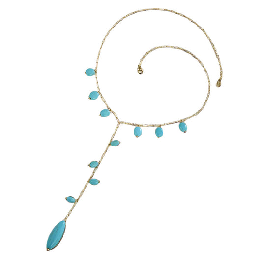 Turquoise beaded necklace on a white background
Nine Blue Necklace with 18K gold plated chain - Front view on white background
