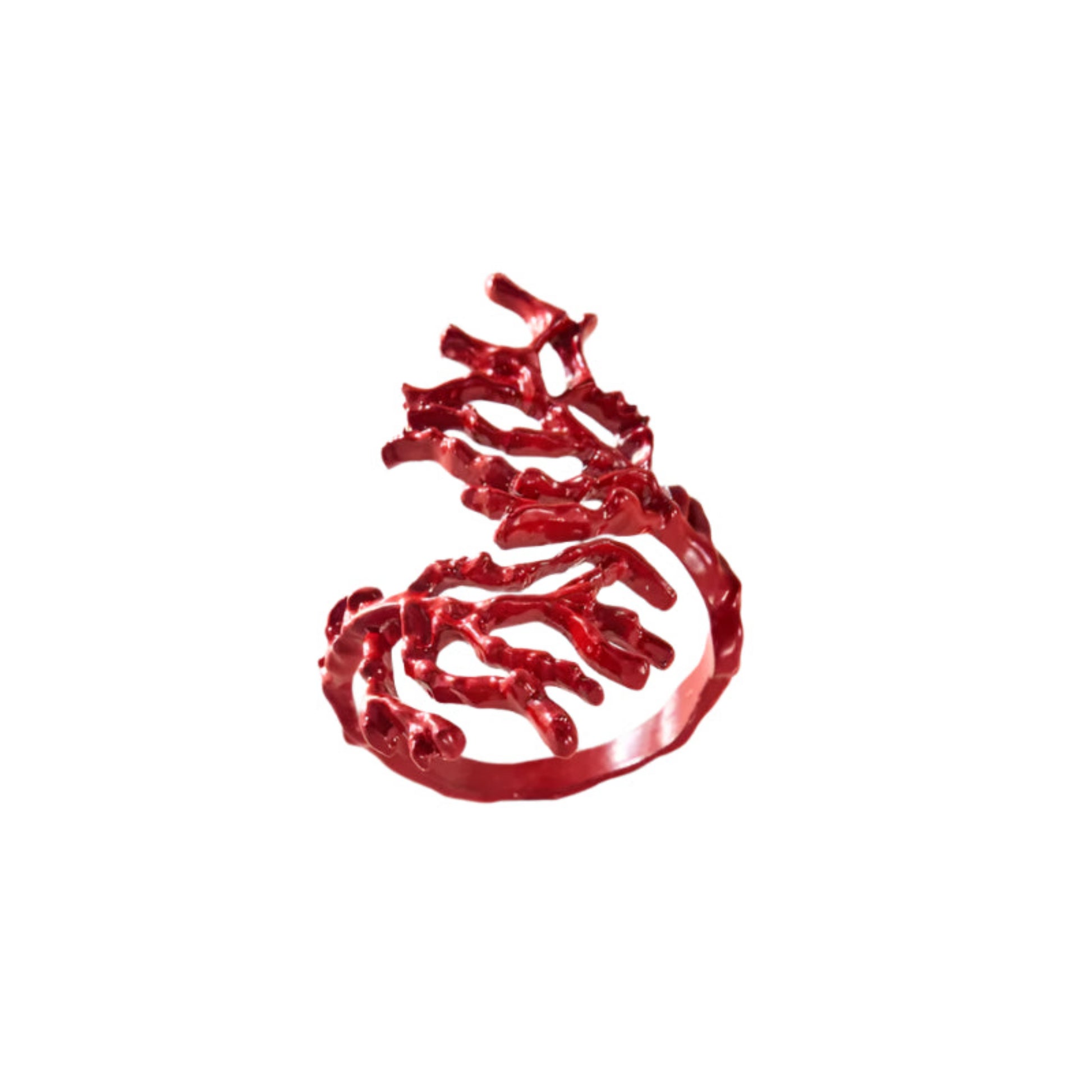 Red metallic ring with intricate design on a white background.
Ring of The Sea - Ocean-inspired resin ring with blue wave design on white background
